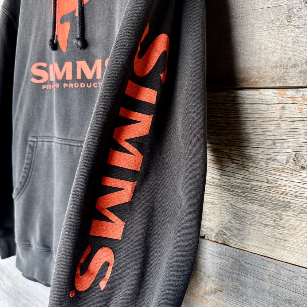 Simms Mens Bass Hoodie Pullover M Black Orange Graphic Spell Out Outdoors READ